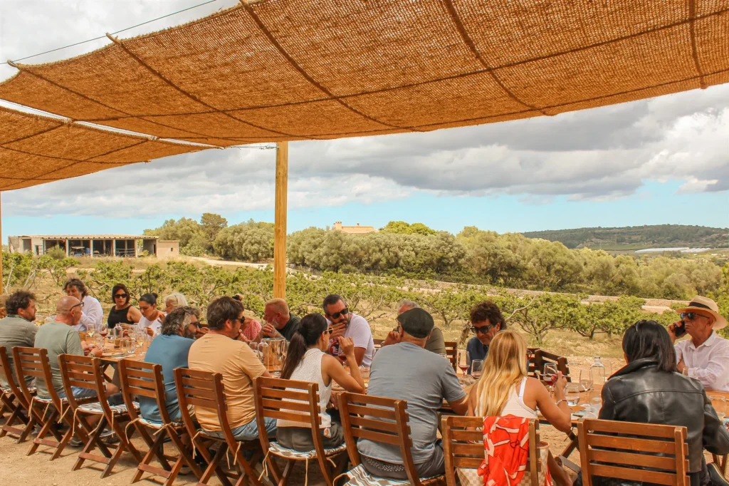 Diners sharing a meal outdoors in a rural setting in Mallorca