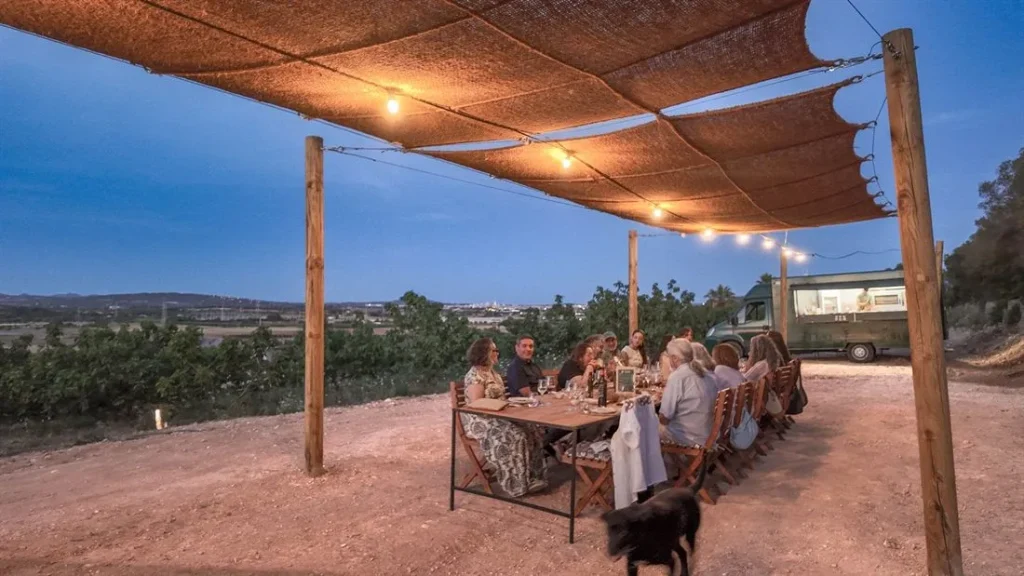 Dinner at a long table under light bulbs during the blue hour, with the Mallorca countryside in the background